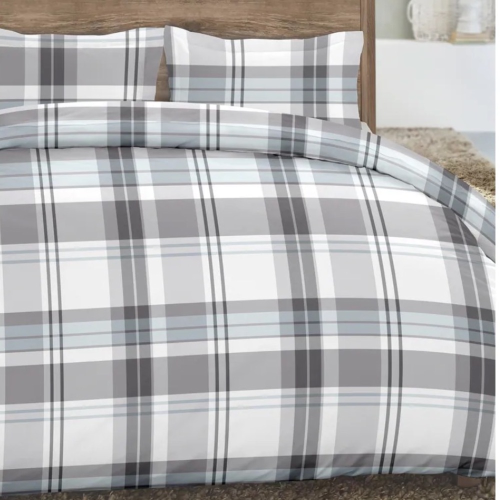 Dormisette Luxury German Flannel 3-piece Cotton Duvet Cover Set Blue/Gray Plaid